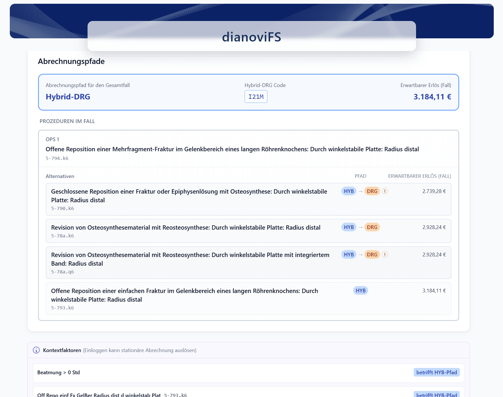 dianoviFS Oberfläche mit Abrechnungspfaden und Hinweisen