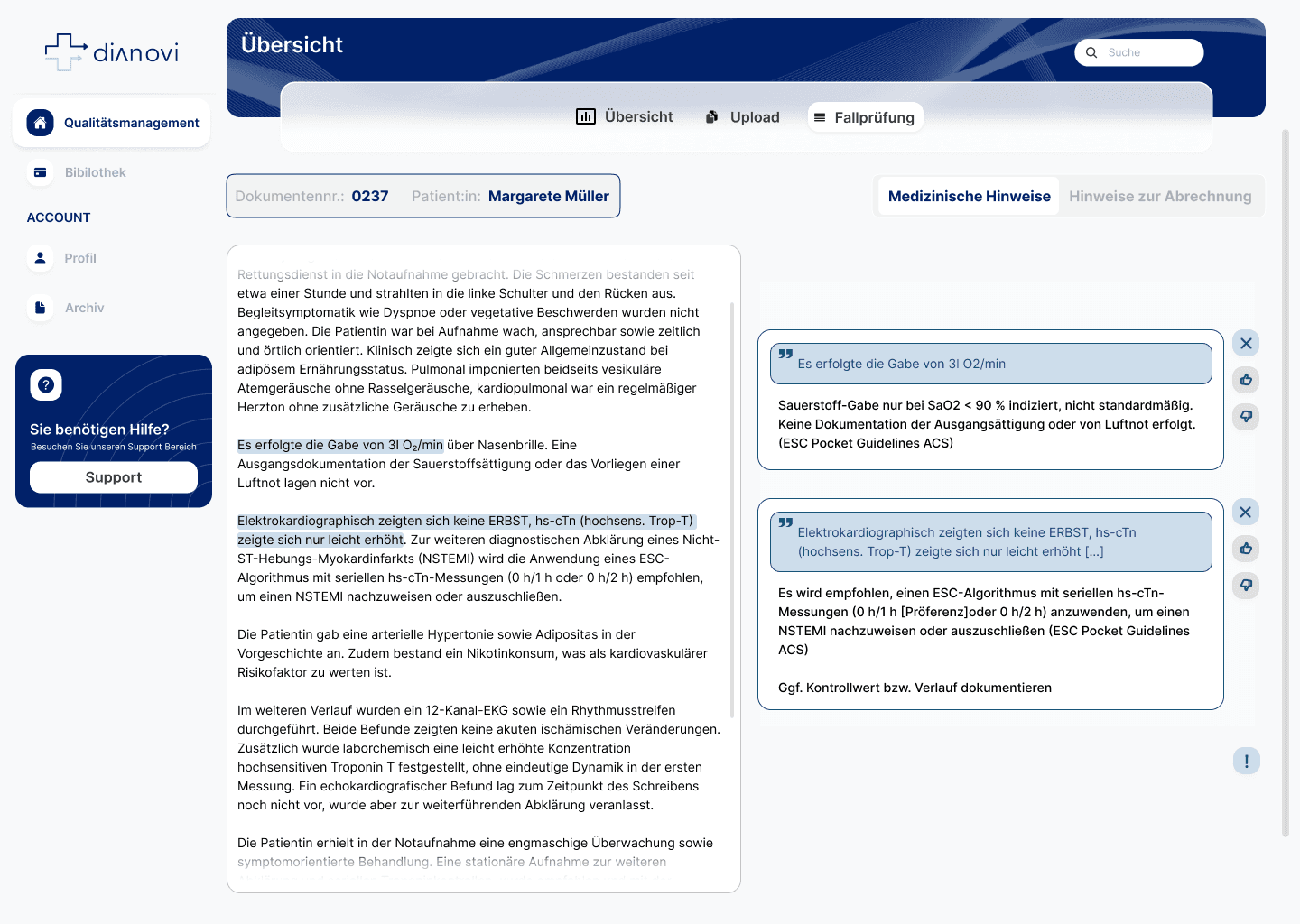 dianoviQM Oberfläche mit strukturierter Fallprüfung